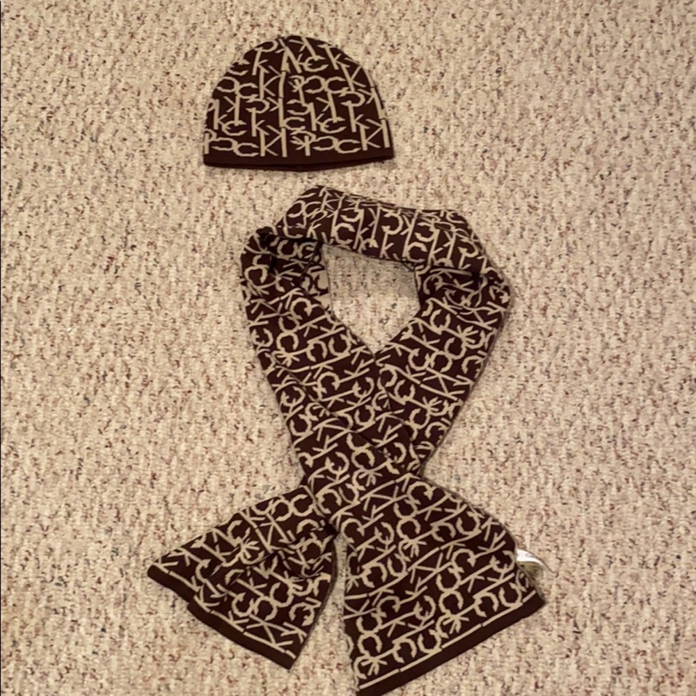 a matching set of calvin klein scarf and hat